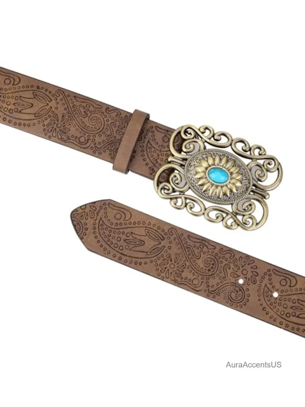 Vintage Western Leather Belt Floral Pattern Turquoise Buckle Country Cowboy